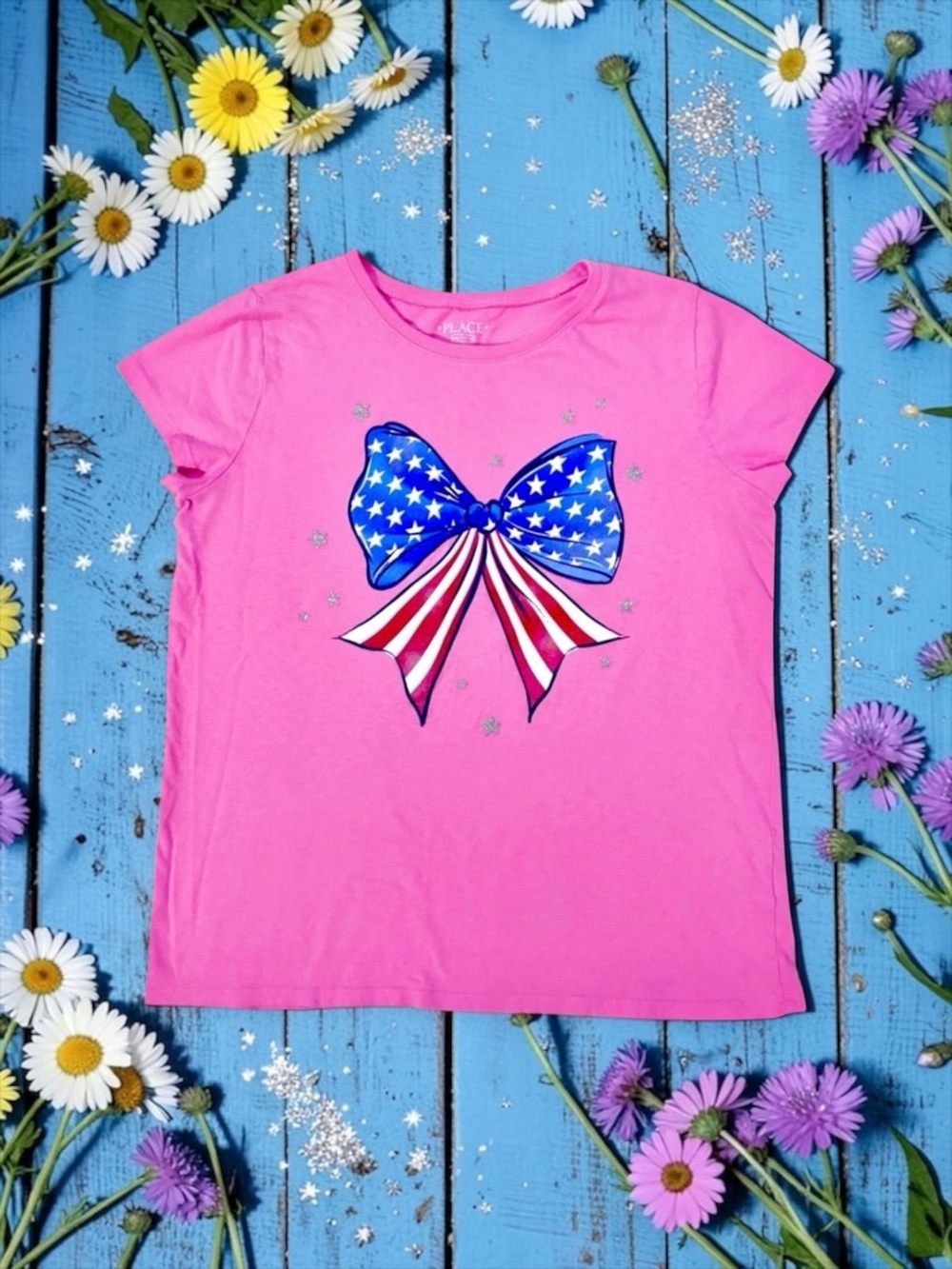The Children’s Place Girls Patriotic Bow Tee Pink Silver Glitter XXL (16)